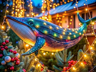 Fototapeta premium Playful Coastal Whale Holiday Lights Portrait - Festive Ocean Decor
