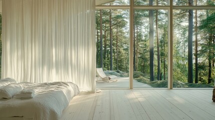 A light-filled Nordic bedroom with large windows, sheer curtains, and wooden flooring.
