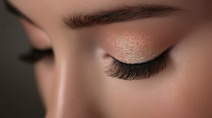 Fototapeta premium Enhancing Beauty: A close-up view of an eye, featuring voluminous lashes and a shimmery eyeshadow, accentuating the natural beauty of the delicate features.