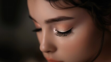 Close-Up of Eye with Dramatic Lashes: A close-up shot of a woman's eye, showcasing long, dark eyelashes that create a captivating and dramatic effect. The soft.
