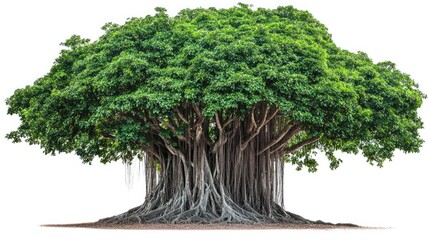 A majestic banyan tree with large aerial roots and sprawling branches, set against a white background. No people, no text.