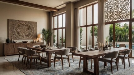 Fototapeta premium Luxury Modern Dining Room Design with Wooden Table and Large Windows