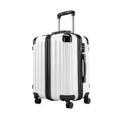 Isolated White Hardshell Luggage with Black Accents and Extended Handle