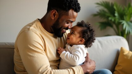 African American father tenderly hugs his daughter, smiling. Family love, warmth, care. Father's Day. Father's love. Suitable for parenthood advertising, family content, parenting blogs