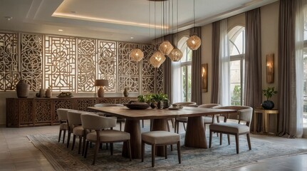 Fototapeta premium Elegant Modern Dining Room with Intricate Wooden Screens