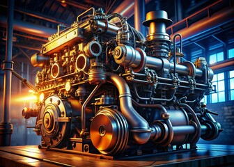 Fototapeta premium Powerful Engine Glowing in Low Light - Industrial Machinery Stock Photo