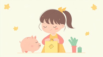 Young Girl Learning Financial Responsibility with Piggy Bank