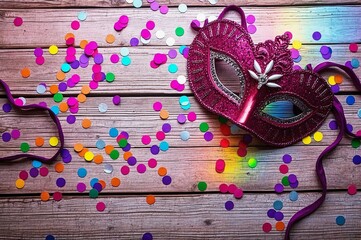 pink masquerade mask and colorful confetti on a wooden background