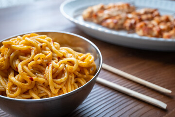 Grilled chicken Meat On Yakitori Style Meal Japanese Food and noodle