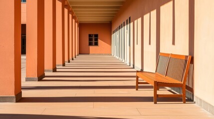 Fototapeta premium Empty Colonnade With Wooden Bench In Sunlight
