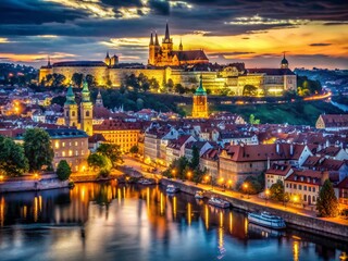 Fototapeta premium Prague Castle Night View: Majestic Panorama of Illuminated Cityscape