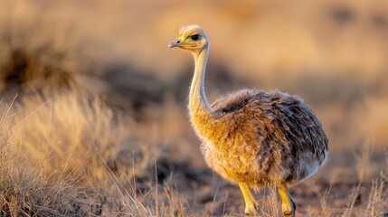 Young Rhea chick in golden sunlight, grassland background; wildlife photography