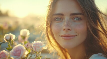 Fototapeta premium Young woman smiling in rose garden at sunset, golden hour glow, serene use