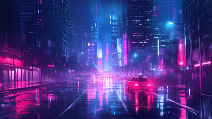Fototapeta premium Dimly lit cityscape at midnight, neon lights reflecting off wet pavement, with empty streets and skyscrapers towering. Haunted Neon Streets. Illustration