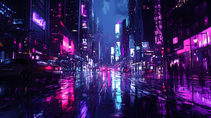 Obraz premium Dimly lit cityscape at midnight, neon lights reflecting off wet pavement, with empty streets and skyscrapers towering. Haunted Neon Streets. Illustration