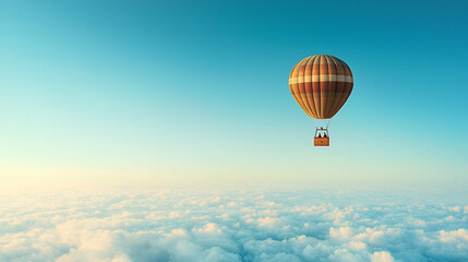 Fototapeta premium Hot air balloon flight over clouds at sunrise. Travel, adventure, freedom concept