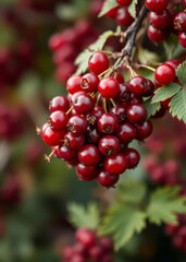 Ripe bunch of red currant berries growing on bush macro shallow depth of field bokeh red bokeh abstract background glow design light texture effect sparkle