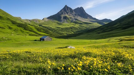 Green Valley With Yellow Wildflowers And Mountain Peak