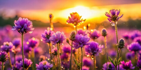 Purple Flower Field Sunrise, June Meadow Bloom, Lavender Field Morning, Blooming Wildflowers, Summer Landscape Photography