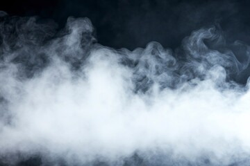 Fototapeta premium White smoke on a black background, creating a smoky atmosphere and a smog-like effect with a blurred appearance.