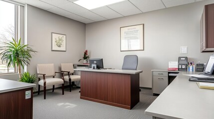 Fototapeta premium Modern Office Interior With Wooden Desk And Chairs
