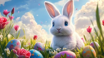 Cute white bunny with colorful Easter eggs surrounded by flowers under a blue sky