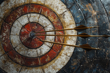 Close-up of a target with arrows hitting the bullseye, precision, on target, accurate, hitting the mark, success, goal, achievement