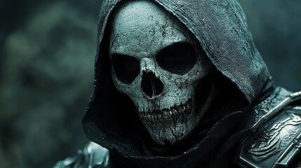 A skeleton with a hooded cape is staring at the camera