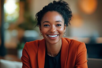 Fototapeta premium Professional Woman Smiling in Stylish Orange Blazer at Office