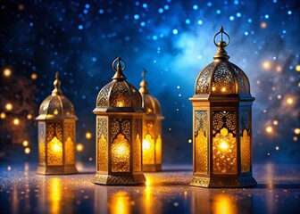 Fototapeta premium Ramadan Kareem: Panoramic Golden Lanterns & Festive Lights on Dark Blue