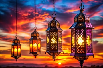 Obraz premium Ramadan Kareem Silhouette: Hanging Lanterns & Festive Lights