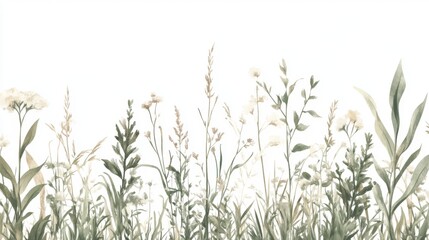 Watercolor Meadow Border, Soft Colors, Decorative Botanical Illustration, Background for Design
