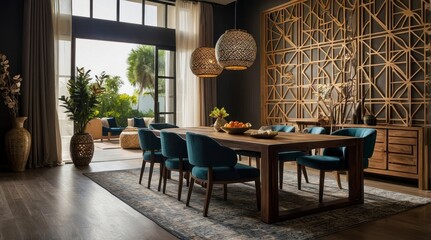 Fototapeta premium Modern Dining Room Design with Wooden Table and Teal Chairs