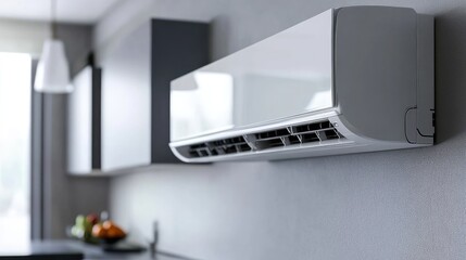 A sleek white split air conditioner mounted on a modern interior wall.