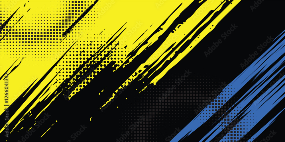Wall mural abstract sport background with cyan and yellow brush texture and halftone effect. grunge background.