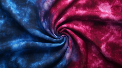 Tie dye fabric background with a swirling blue and red pattern in an artistic textile inspired composition for fashion decoration and modern digital design