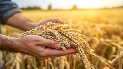 Close up of farmer male hands holding sheaf of wheat. Organic food, harvesting, farming and autumn concept