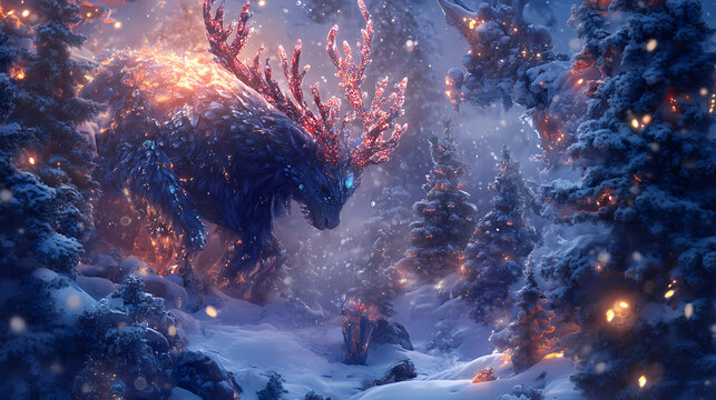 Ai generative christmas digital art, innovative and festive scene, high quality, ideal for holiday-themed visuals and creative projects. Crystal-Fanged Beasts. Illustration