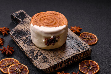 Round sweet New York roll croissant with pistachio cream filling