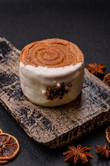 Round sweet New York roll croissant with pistachio cream filling