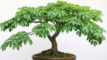 Fototapeta premium A thriving ashoka tree with slender drooping branches and bright green leaves, against a white background. No people, no text.