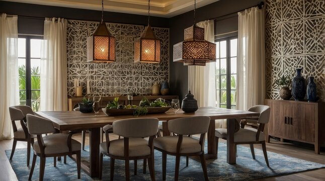Elegant Dining Room Decor with Moroccan Lanterns and Wood Table