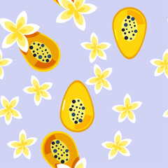 Fruit flat seamless pattern with papaya and plumeria flowers. Simple, cute summer cartoon vector illustration for fabric, textile.