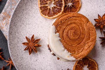 Round sweet New York roll croissant with pistachio cream filling