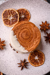 Round sweet New York roll croissant with pistachio cream filling