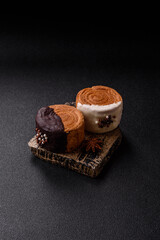 Round sweet New York roll croissant with chocolate cream filling