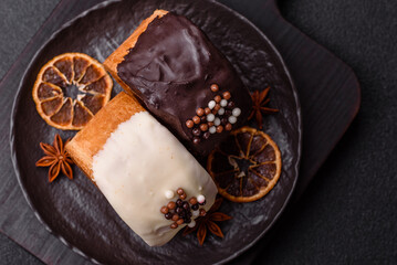 Round sweet New York roll croissant with chocolate cream filling