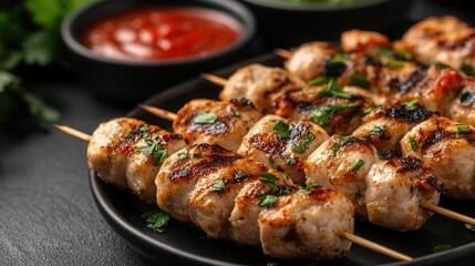 Grilled Thai-style chicken and vegetable kebabs served with spicy dipping sauce at a bustling street market