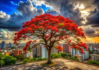 Obraz premium Red Silk Cotton Tree in Bloom, Urban Exploration Photography, Cloudy Sky, 4K