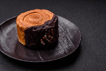 Round sweet New York roll croissant with chocolate cream filling